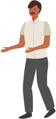 Wall Mural - Indian mustachioed man in white shirt and dark trousers. Young smiling male character isolated on white background. Guy pointing somewhere with hand, talking to somebody, standing asian man