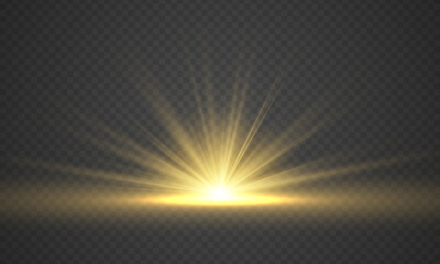 Poster - Gold glitter explosion sun on transparent background. Special effect light flare with golden rays. Magic sparkles lights. Star yellow beams, flash sparks. Bright spotlight, sunshine starburst. Vector