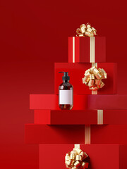 Wall Mural - Minimal product background for Christmas, New year and sale event concept. Red gift box with golden ribbon bow on red background. 3d render illustration. Clipping path of each element included.