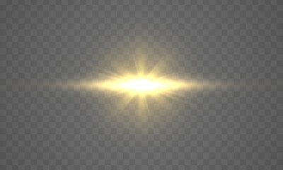 Fototapete - Flare with golden rays of light and magic sparkles. Bright star spark. Abstract yellow rays will raise. Transparent glitter gradient gloss, bright flash. Gold shining sun with sparkle rays. Vector.	