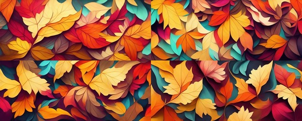 4 patterns of colourful falling autumn leaves, Generative AI 