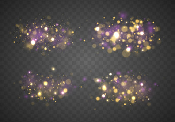 Aufkleber - Christmas blur concept. Festive purple and golden luminous background. The dust sparks and golden stars shine with special light. Bokeh lights effect isolated on transparent background. Vector