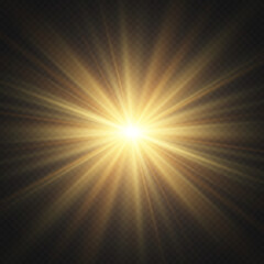 Poster - Flare with golden rays of light and magic sparkles. Bright star spark. Abstract yellow rays will raise. Transparent glitter gradient gloss, bright flash. Gold shining sun with sparkle rays. Vector.	