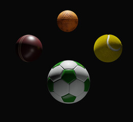 Wall Mural - A 3d render of four sports balls, golf, cricket, tennis and football.