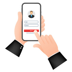 Poster - Sign in to account, user authorization, login authentication page concept. Smartphone with login and password form page on screen.  stock illustration.