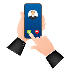 Sticker - Incoming video call on laptop. Laptop with incoming call, man profile picture and accept decline buttons.  stock illustration