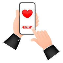 Poster - Smartphone hand love. Social network concept. Hand holding mobile phone. Like icon. Mobile internet, social media.  stock illustration