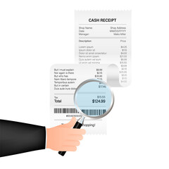 Sticker - Receipt icon with magnifying glass. Studying paying bill. Payment of goods,service, utility, bank, restaurant.  stock illustration