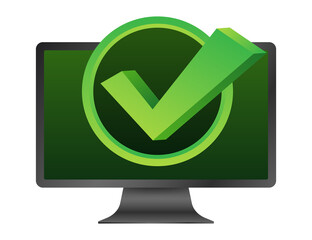 Poster - computer with checkmark or tick notification in bubble. approved choice. accept or approve checkmark