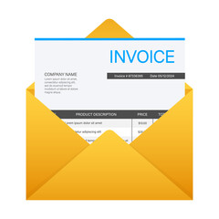 Wall Mural - Invoice icon , email message received with bill document, flat style open envelope with invoice paper blank.