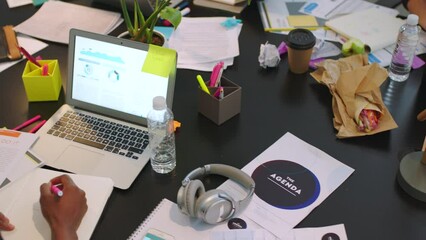 Aufkleber - Strategy, logistics or business meeting with laptop planning, documents and paper in office brainstorming. Teamwork, collaboration and digital team working in vision, mission or creative company idea