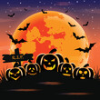 Vector or illustration of silhouette cute pumpkin and bats flying in the sky on the graveyard with full moon or moonlight background for halloween night day.