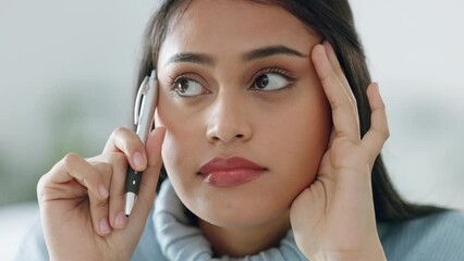 Poster - Woman thinking with pen about ideas, inspiration and mindset question for planning, solution and brainstorming. Face of student, writer and journalist with vision, dream and memory goals to remember