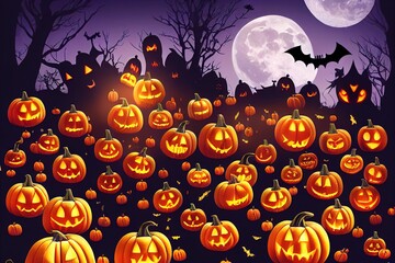 Wall Mural - Spooky Halloween background with pumpkins moon and bat Cool and horror designs Poster banner flyer for night event Hallowen party and halloween day, Anime Style