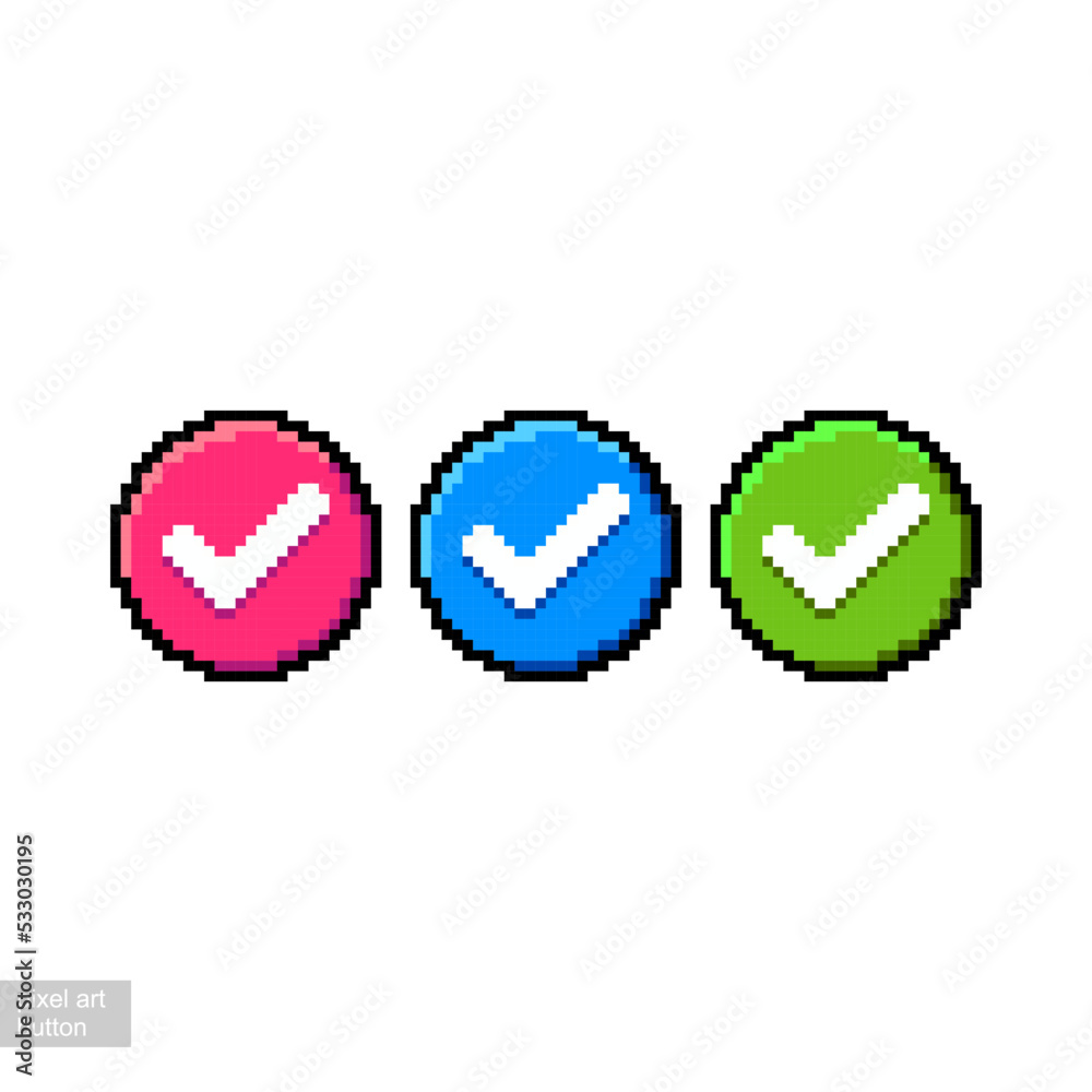 Pixelated Checkboxes Transparent pixel art set round checkmark button in different colors Stock Vector ...