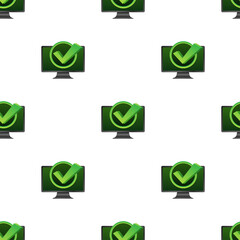 Poster - Monitor with checkmark or tick notification in bubble pattern. Approved choice. Accept or approve checkmark.  illustration.