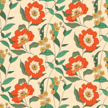 Seamless Pattern, Romantic Vintage Floral Print With Large Wild Plants On A Light Background. Beautiful Botanical Design With Orange Flowers, Leaves, Herbs In Art Nouveau Style. Vector Illustration.