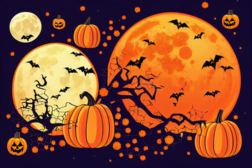 Poster - Happy Halloween banner or party invitation background with clouds, bats and pumpkins in paper cut style. Raster illustration. Full moon in orange sky, spiders web and witch cauldron. Place for text