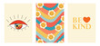 © Olga - Set of colorful groovy posters in 70s and 60s hippy art style. Psychedelic eye of providence, daisy flowers and positive phrase illustrations for prints and cards. Vintage nostalgia vector postcards