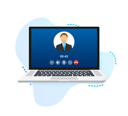 Wall Mural - Incoming video call on laptop. Laptop with incoming call, man profile picture and accept decline buttons.  stock illustration.