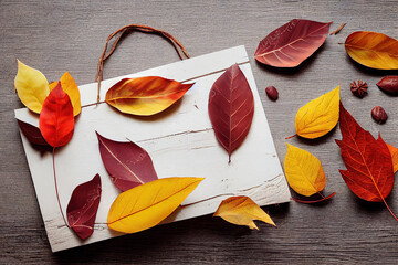 Wall Mural - Autumn composition Frame made of colorful leaves on white wooden rustic background and elegant gray scarf Autumn concept Flat lay, top view, copy space , anime style