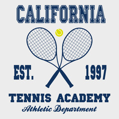 Wall Mural - Tennis sports apparel with racket and ball. Typography emblem for t-shirt. Design for athletic clothes print