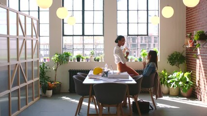Aufkleber - Architecture, designer or engineer women in office while planning strategy or discussing construction project idea on a laptop. Partnership, innovation meeting and online research in modern office