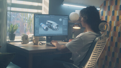 Poster - Male young engineer using pc with professional program and creating 3D prototype of airplane turbine while working remotely at home office