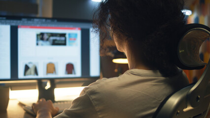 Poster - Male web designer using personal computer for creating website in professional constructor while working on project remotely at home. Freelance