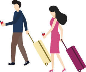 Business man and woman pull travel luggage, let’s go travel concept