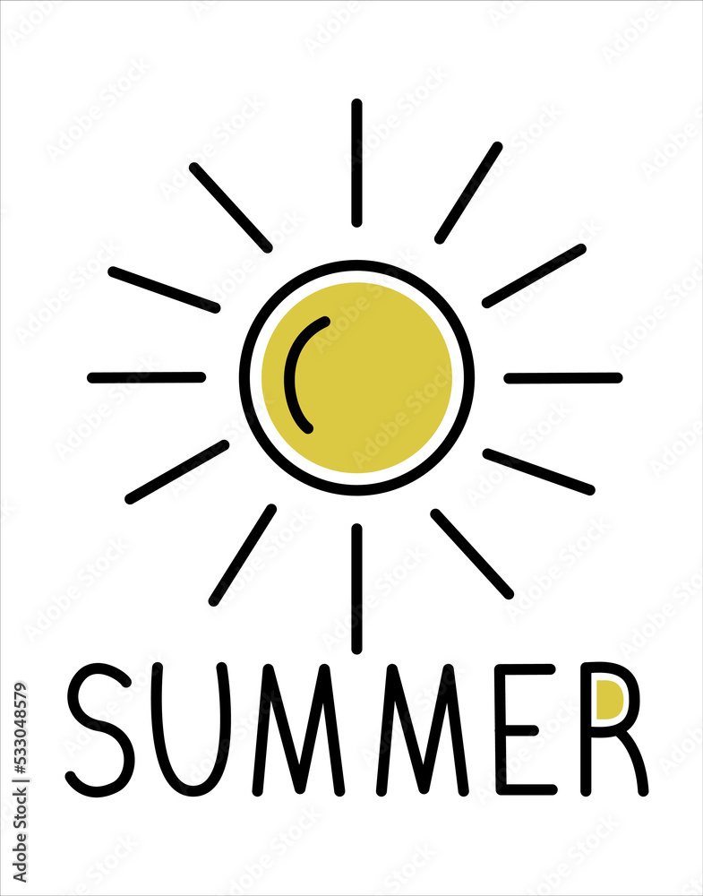 Vector black line hand drawn logo yellow sun with black outline and ...