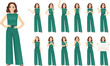 Young woman in green jumpsuit set different gestures isolated vector illustration