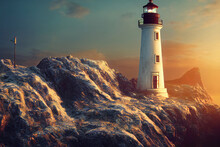 Lighthouse Standing On A Cliff Next To The Ocean, Beautiful Landscape Background, 3d Render, 3d Illustration