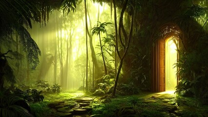 Wall Mural - magical dark fairy tale forest, neon sunset, rays of light through the trees. fantasy forest landsca