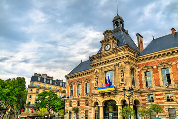 Wall Mural - City hall of XIX arrondissement with Ukrainian Flags in Paris, France