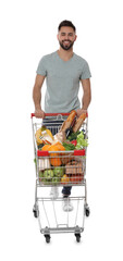 Sticker - Happy man with shopping cart full of groceries on white background