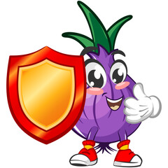 Wall Mural - cartoon vector illustration of onion character taking cover behind a shield