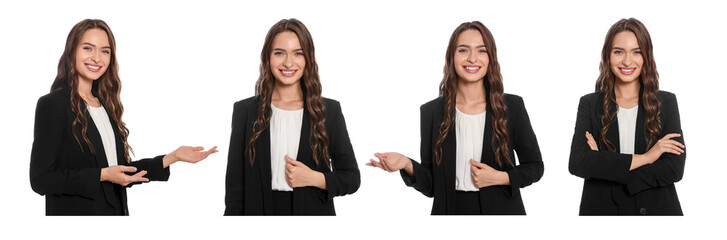 Poster - Collage with photos of hostess in uniform on white background. Banner design