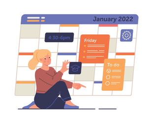 Poster - Woman with online calendar. Young girl creates schedule, plans. Time management and efficient workflow. Modern technology digital world, internet. Student, education. Cartoon flat vector illustration