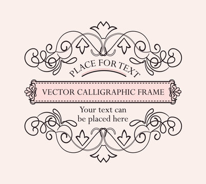 Calligraphic black frame. Minimalistic poster or banner, graphic element for website. Luxurious and minimalistic ornament. Abstract patterns, place for text. Cartoon flat vector illustration