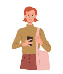 Poster - woman using mobile phone. young girl in glasses with bag and smartphone in her hands. gadgets and de