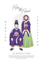 Korean Muslim couple illustration wearing traditional purple dress