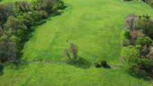 Panoramic View Of A Land For Sale With Surveyors In A Farm Near Siloam Springs, Arkansas. Aerial Drone Shot