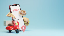 3d Render Online Food Order Delivery On Mobile Illustration With Scooter