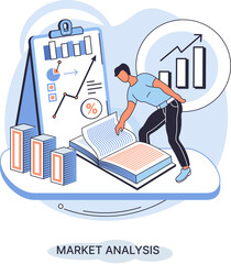 Poster - Market analysis metaphor marketing strategy development. Business research. Identify business determine solutions business problems solving. Marketer analyzes sales plan, doing an advertising campaign