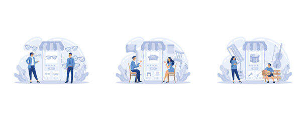 Poster - e-commerce, customer on the sale. app on mobile phone. music, furniture and pet store, set flat vect