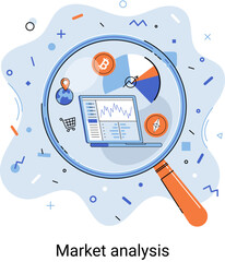Poster - Market statistics data analysis metaphor marketing strategy development. Business research. Identify business needs determine solutions problems solving. View financial data through magnifying glass
