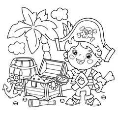 Wall Mural - Coloring Page Outline Of Cartoon pirate with chest of treasure. Island of treasure. Coloring book for kids.