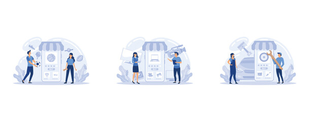Poster - E-commerce, customer on the sale. App on mobile phone. Computer, sport and car store, set flat vector modern illustration