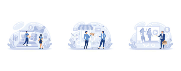 Poster - Email, mobile and video marketing technology. Getting new subscribers, likes, messages. Work with advertising and promoting via Internet, set flat vector modern illustration